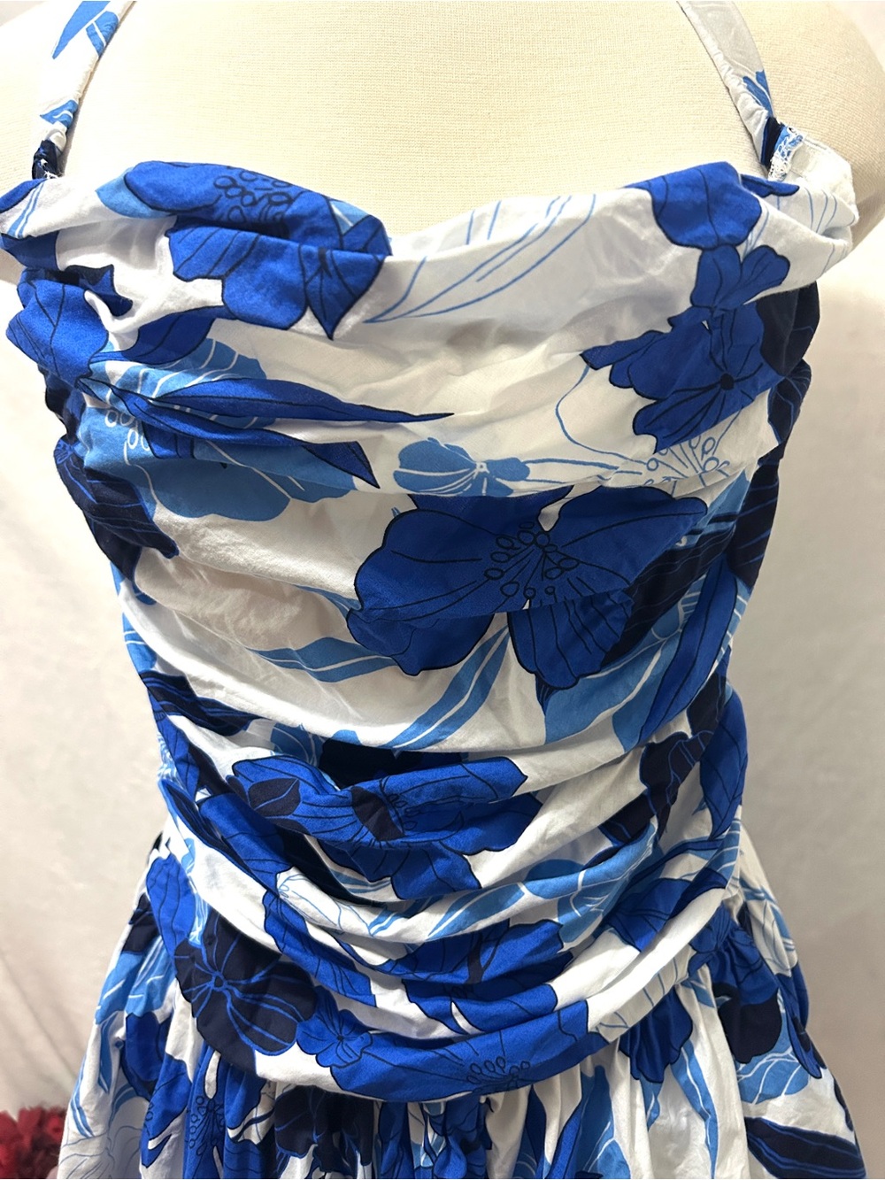 En Crème Blue Floral Print Halter Neck Ruched Bubble Hem Romper Dress Size M - Picture 2 of 14